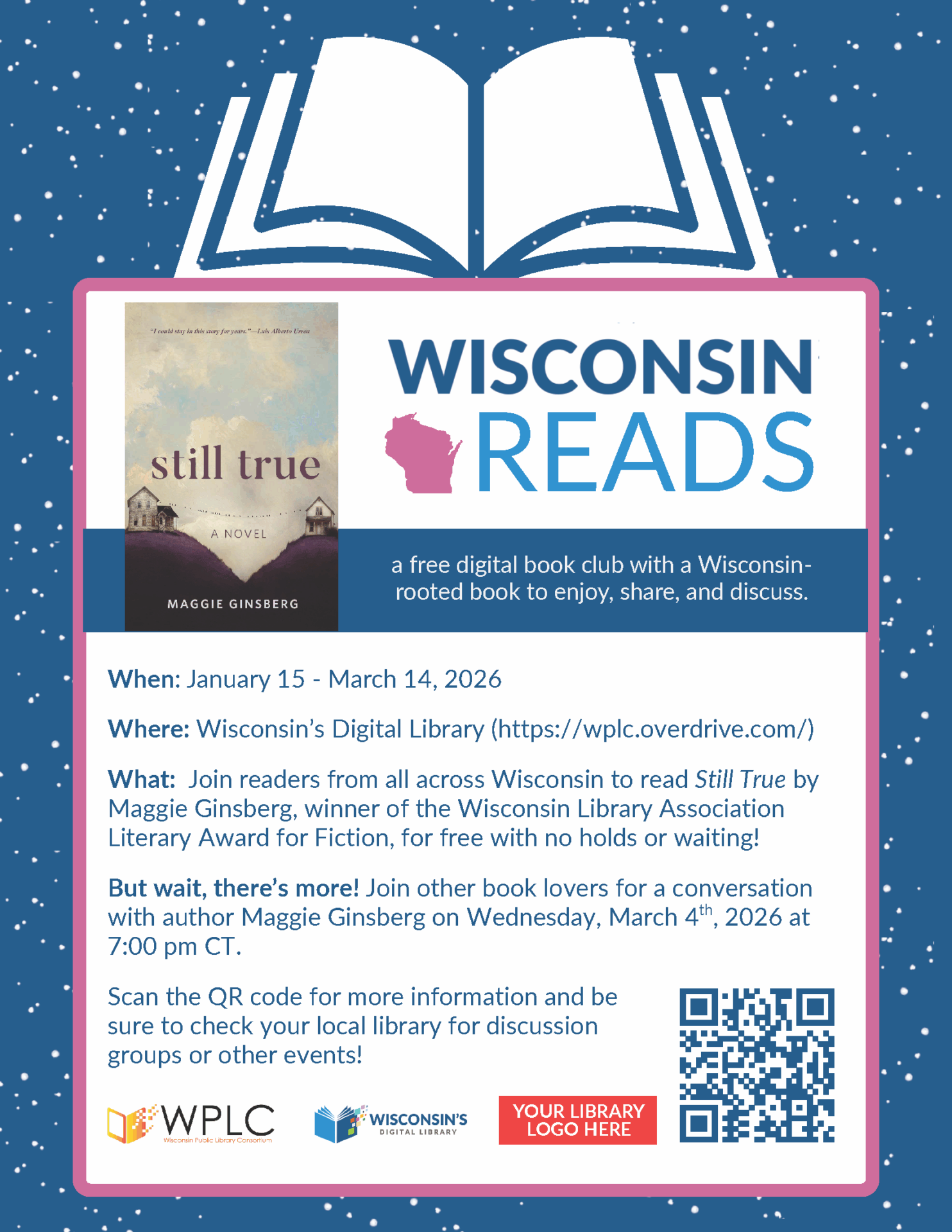 A flyer for Wisconsin Reads 2026 with a place for a library to put a logo